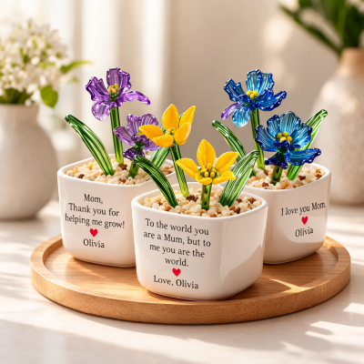 Personalized Hand Blown Glass Potted Plants Birth Flower Pot Family Keepsake Gifts for Mom or Grandma Unique Mothers Day Gift Ideas