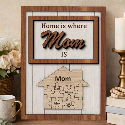 Home Is Where Mom Is Personalized Wood Mom Puzzle Sign Gift for Mom Grandma Mother's Day Gifts