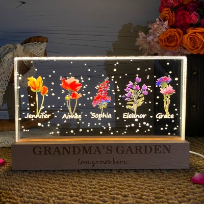 Custom Grandma's Garden Love Grows Here Birth Flower Night Light Family Gifts For Mom Grandma Unique Mother's Day Gift