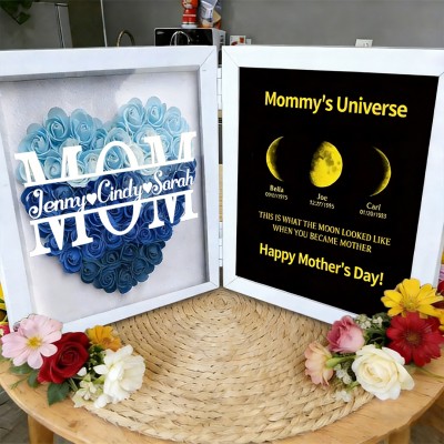 Personalized Name Flower Shadow Box with Mommy's Universe Moon Phase Frame Unique Gift for Mom Grandma Mother's Day Gifts
