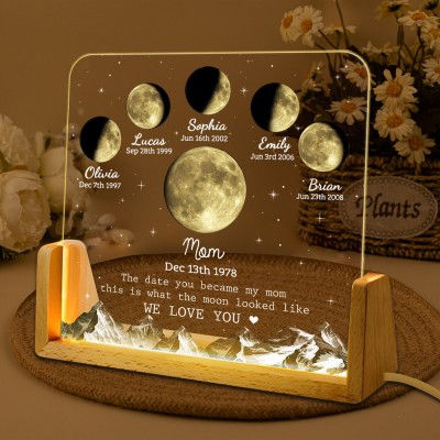 The Date You Became My Mom Personalized Moon Phase Night Light with Kids Names Keepsake Gifts for Mom Mother's Day Gift