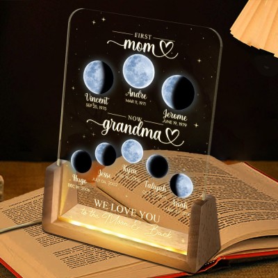 Personalized First Mom Now Grandma Moon Phase Night Light with Kids Names Gift Ideas for Grandma Mom Mother's Day Gift
