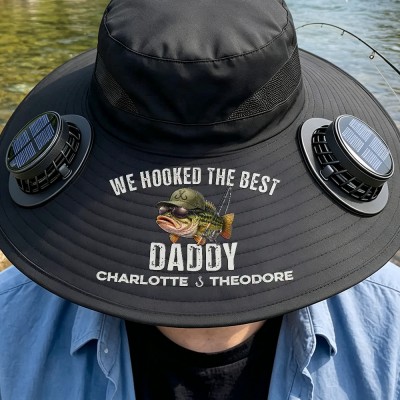 Personalized Dad Solar Fan Hat, Custom Embroidered Wide Brim Sun Protection Bucket Hat, Unique Gift for Him