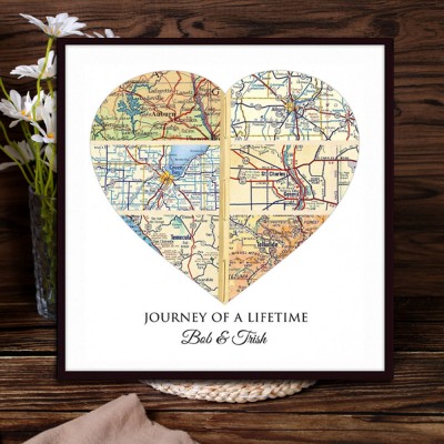 Custom Heart Shaped Adventure Map Print Frame for Couples Unique Wedding Anniversary Gifts for Husband Wife