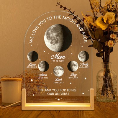 We Love You To The Moon And Back Custom Moon Phase Night Light with Kids Names for Mom Unique Mother's Day Gift Ideas