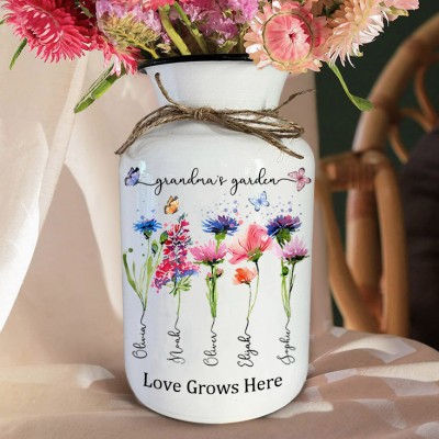 Personalized Grandma's Garden Birth Flower Vase with Grandkids Names Mother's Day Gift Ideas