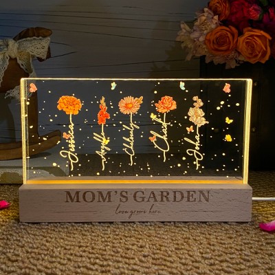 Personalized Mom's Garden Love Grows Here Birth Flower Wood Night Light Unique Gifts for Mom Grandma Mother's Day Gift