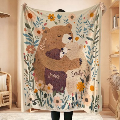 Personalized Mama Bear Flower Blanket with Kids Names Gifts for Mom Grandma Christmas Gift