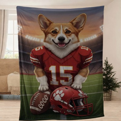 Custom Pet Dog Portrait Football Blanket with Name Gift for Pet Lovers Christmas Gift Ideas