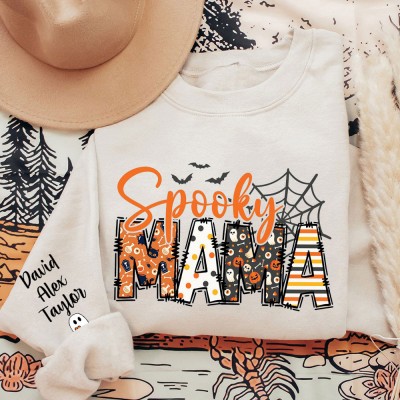 Custom Halloween Spooky Mama Sweatshirt with Kids Names on Sleeve Unique Gifts for Mom Halloween Gift
