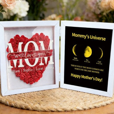Mom Name Flower Shadow Box with Mommy's Universe Moon Phase Print Frame Personalized Gifts for Mom Grandma Mother's Day Gift