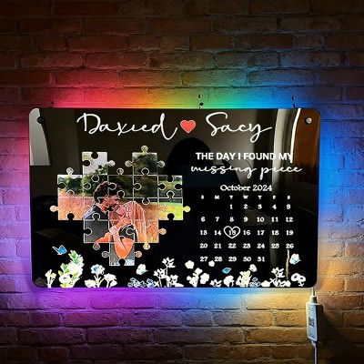 The Day I Found My Missing Piece Personalized Photo Calendar Mirror Night Light for Couples Gifts for Anniversary Valentine's Day