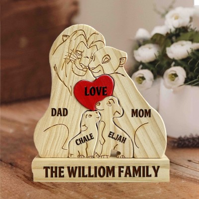 Custom Wooden Lion Family Puzzle with Engraved Names Unique Gift for Mom Christmas Gifts
