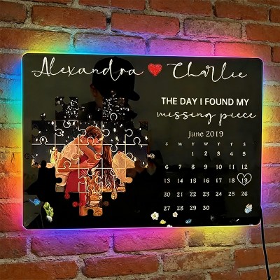 Custom Couple Photo Calendar Mirror Night Light The Day I Found My Missing Piece Anniversary Gift for Couples Valentine's Day Gift