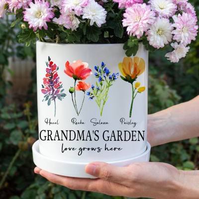 Grandma's Garden Birth Month Flower Plant Pot with Grandkids Names Custom Gifts for Grandma Mom Mother's Day Gift Ideas