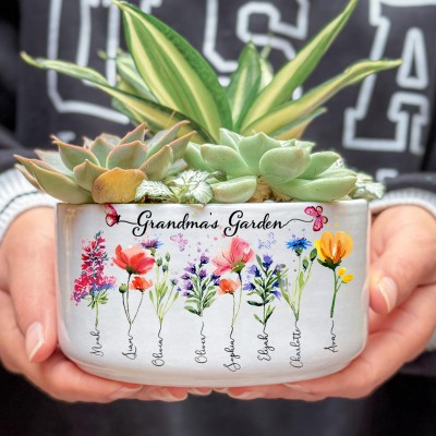 Custom Grandma's Garden Birth Flower Mini Succulent Plant Pot with Grandkids Names Gift for Grandma Mom Mother's Day Gifts