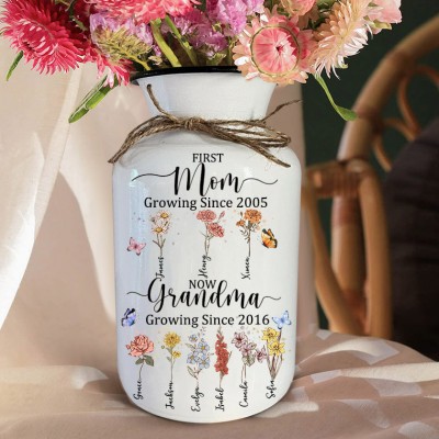 First Mom Now Grandma Birth Flower Vase with Kids Name Personalized Gifts for Mom Grandma Mother's Day Gifts