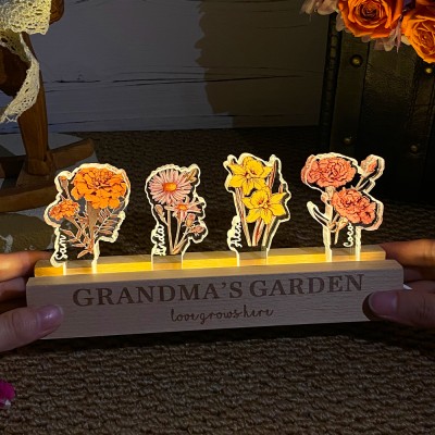 Custom Grandma's Garden Love Grows Here Birth Flower Night Light Family Keepsake Gifts for Mom Grandma Unique Mother's Day Gift