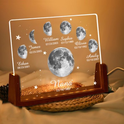 Custom Moon Phase Night Light By Date with Kids Names Gifts for Mom Nana New Mom Gift Mother's Day Gift