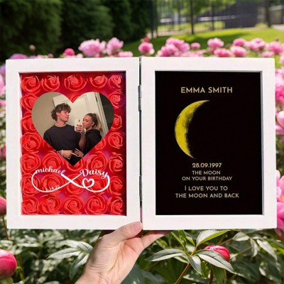 Custom Flower Shadow Box with Photo and Moon Phase for Couples Anniversary Gift for Her Valentine's Day Gifts