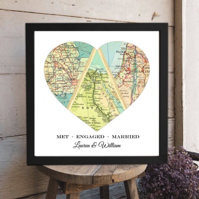 Personalized Heart Shaped Map Print Frame Engagement Gifts for Couple Wedding Anniversary Gift Valentine's Day Gift Ideas