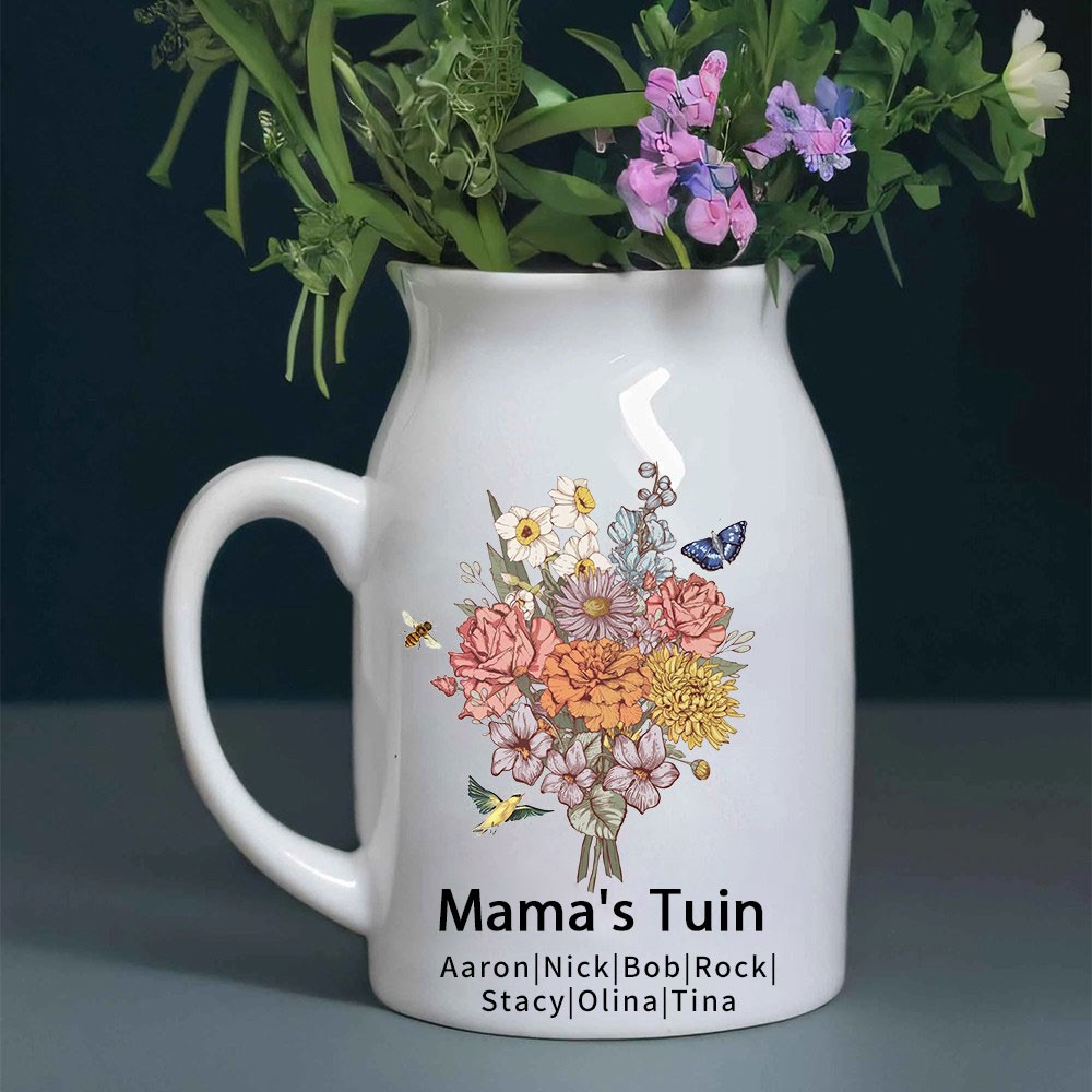 Gepersonaliseerde kunstprint voor de tuin van moeder, geboorteboeket, familievaas met kindernamen, gepersonaliseerd cadeau voor oma en moeder, cadeau-ideeën voor Moederdag
