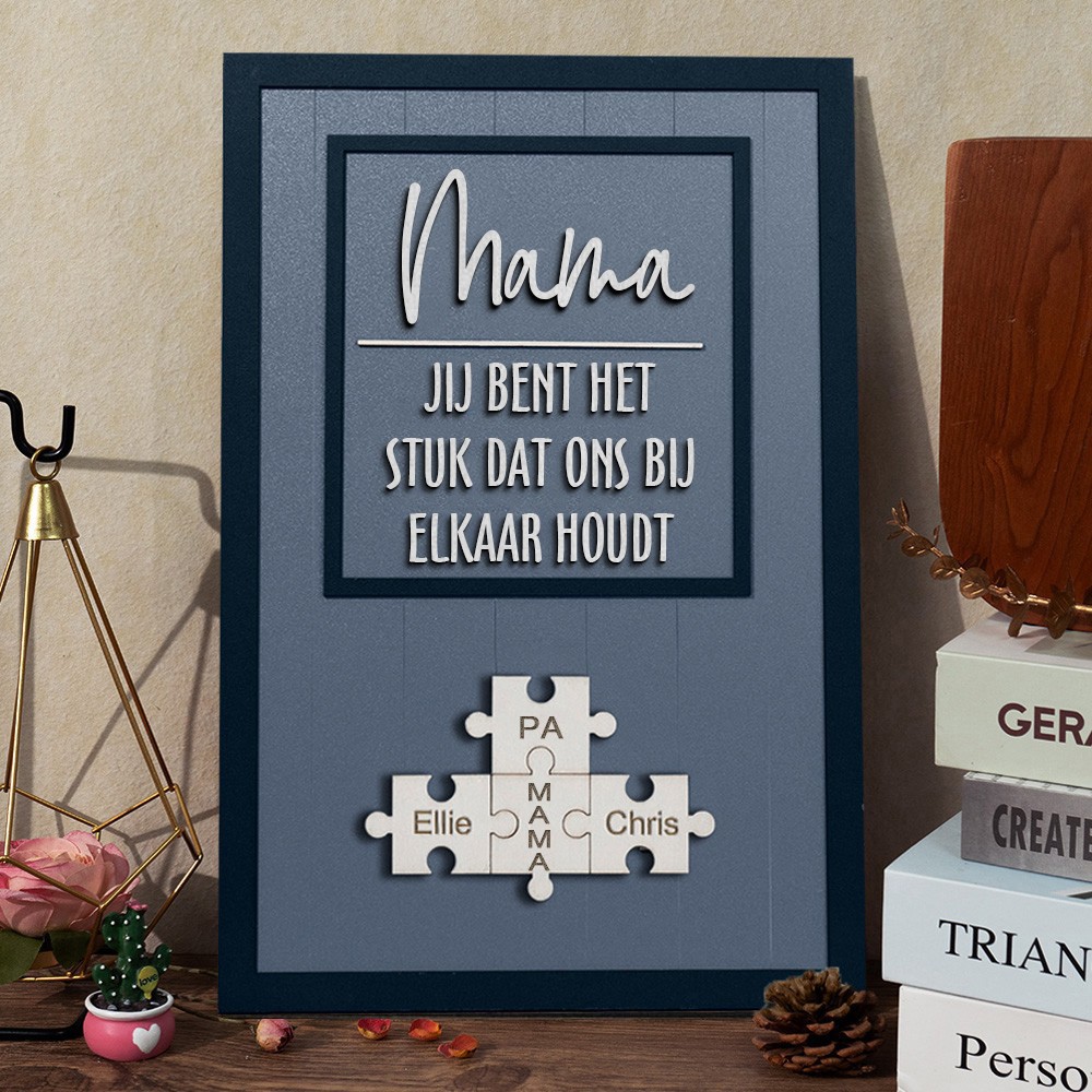 Gepersonaliseerde houten puzzelstukjes met bijnaam van moeder, familiebord met namen van kinderen, uniek cadeau voor moeder, oma, verjaardagscadeau-ideeën, Moederdagcadeau