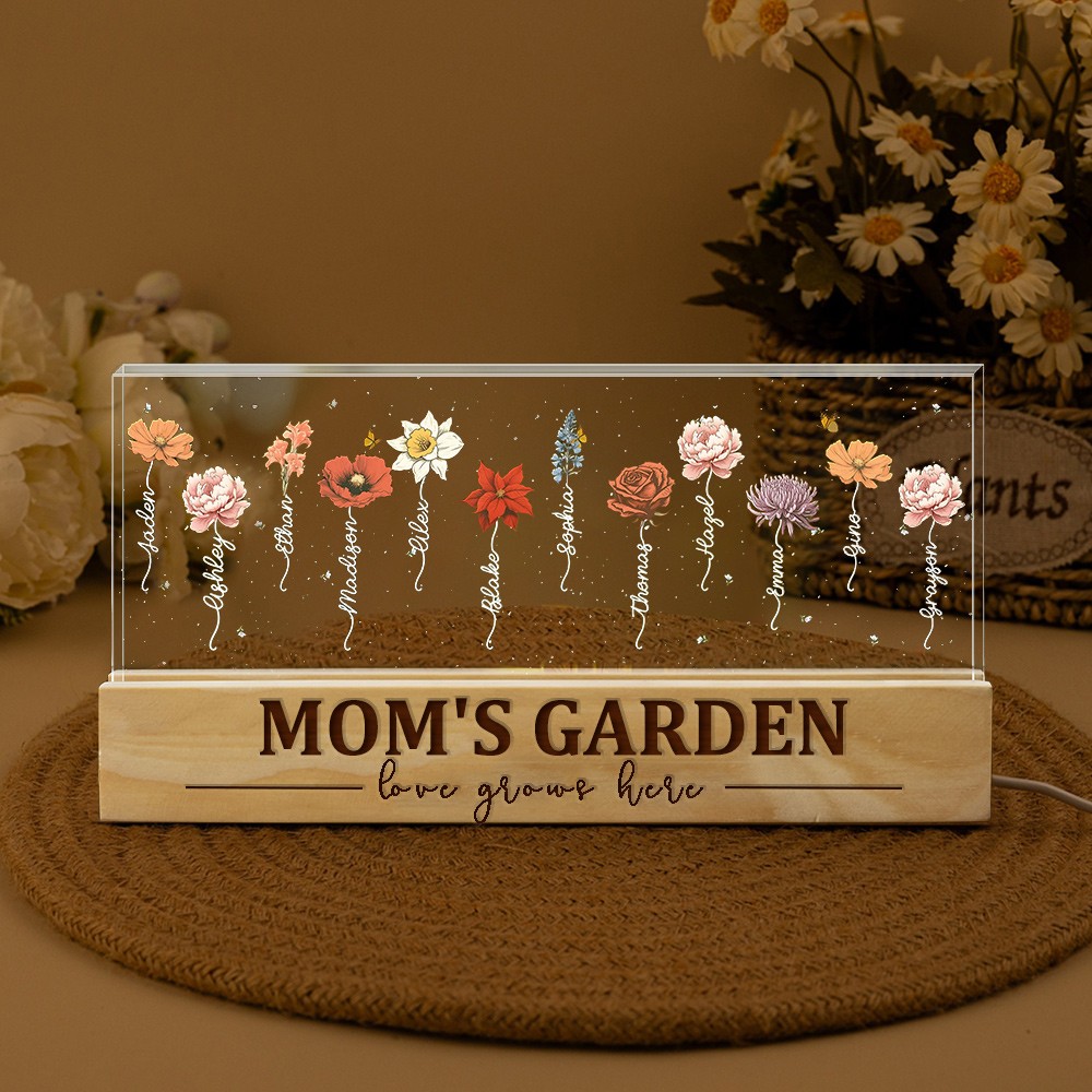 Aangepaste moeders tuin Liefde groeit hier Geboortebloem Houten nachtlampje Cadeaus voor moeder Oma Kerstcadeau-ideeën