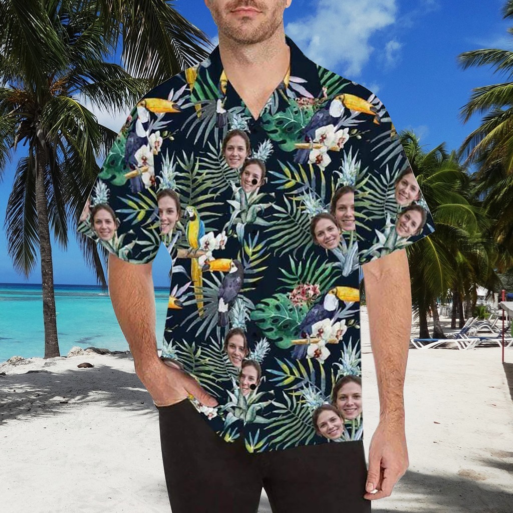 Gepersonaliseerd Papegaaienpatroon Hawaïaans Met Gezicht Aangepast Zomershirt Cadeau Voor Hem