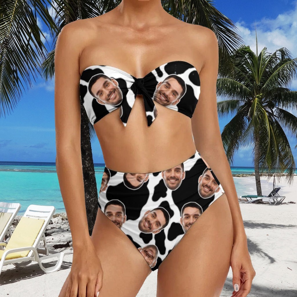 Aangepast gezichtspatroon Strapless strik top hoge taille koe kleur bikini set unieke cadeau-ideeën voor haar