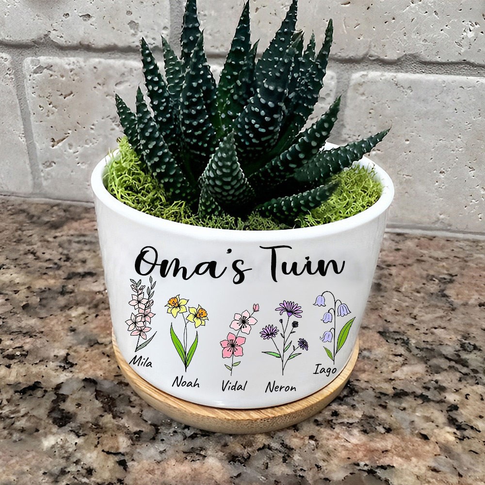 Gepersonaliseerde oma's tuin geboorte bloempot met namen cadeaus Moederdag cadeau Kerstcadeau