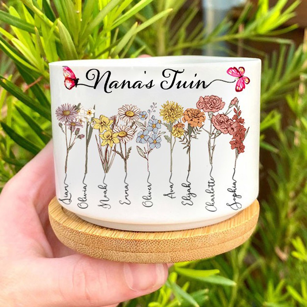 Gepersonaliseerde oma's tuin geboorte bloempot met namen cadeaus Moederdag cadeau Kerstcadeau