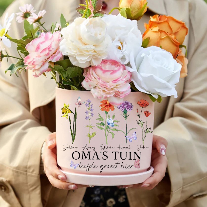 Gepersonaliseerde oma's tuin geboorte bloempot met namen cadeaus Moederdag cadeau Kerstcadeau