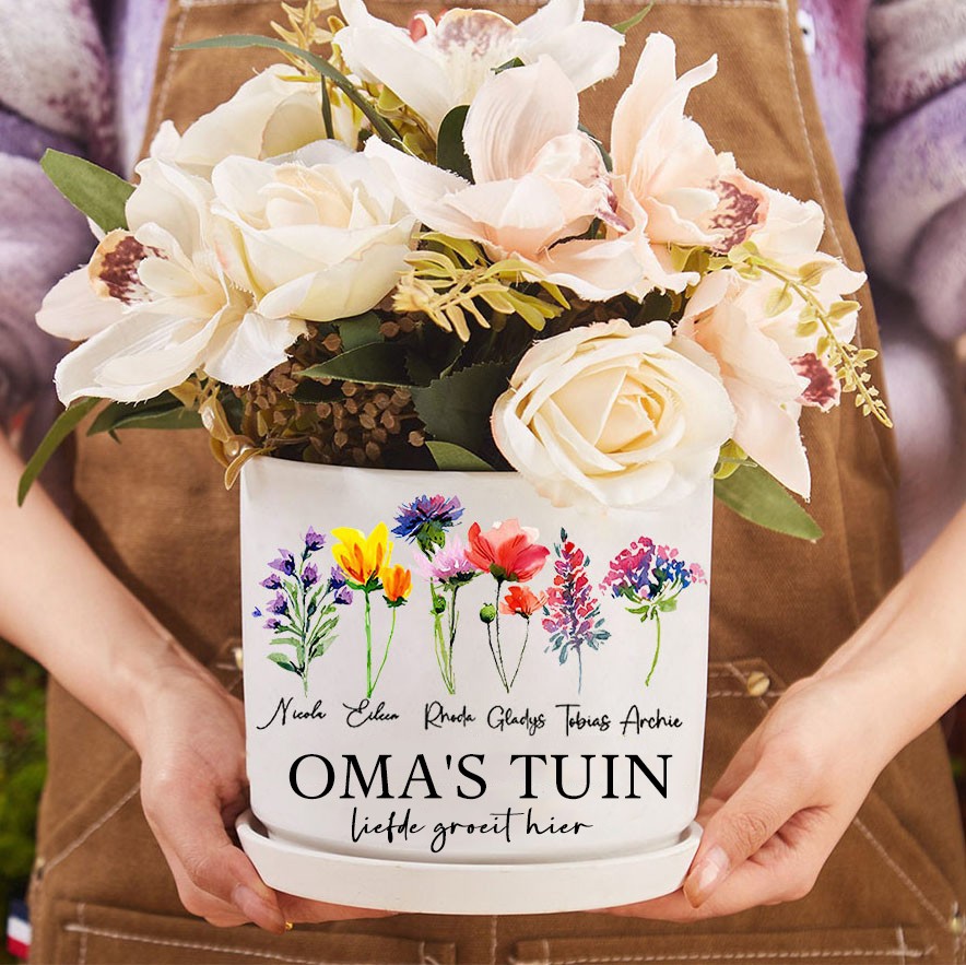 Gepersonaliseerde oma's tuin geboorte bloempot met namen cadeaus Moederdag cadeau Kerstcadeau
