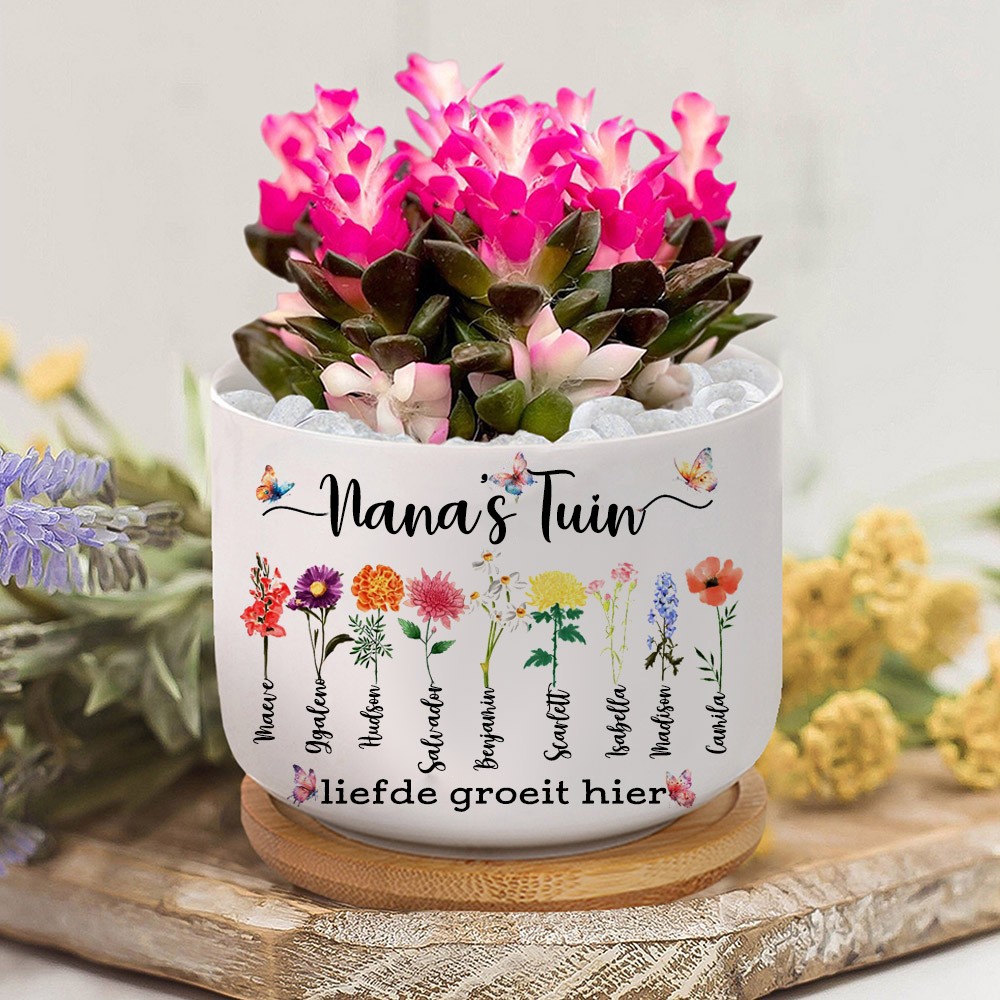 Gepersonaliseerde oma's tuin geboorte bloempot met namen cadeaus Moederdag cadeau Kerstcadeau