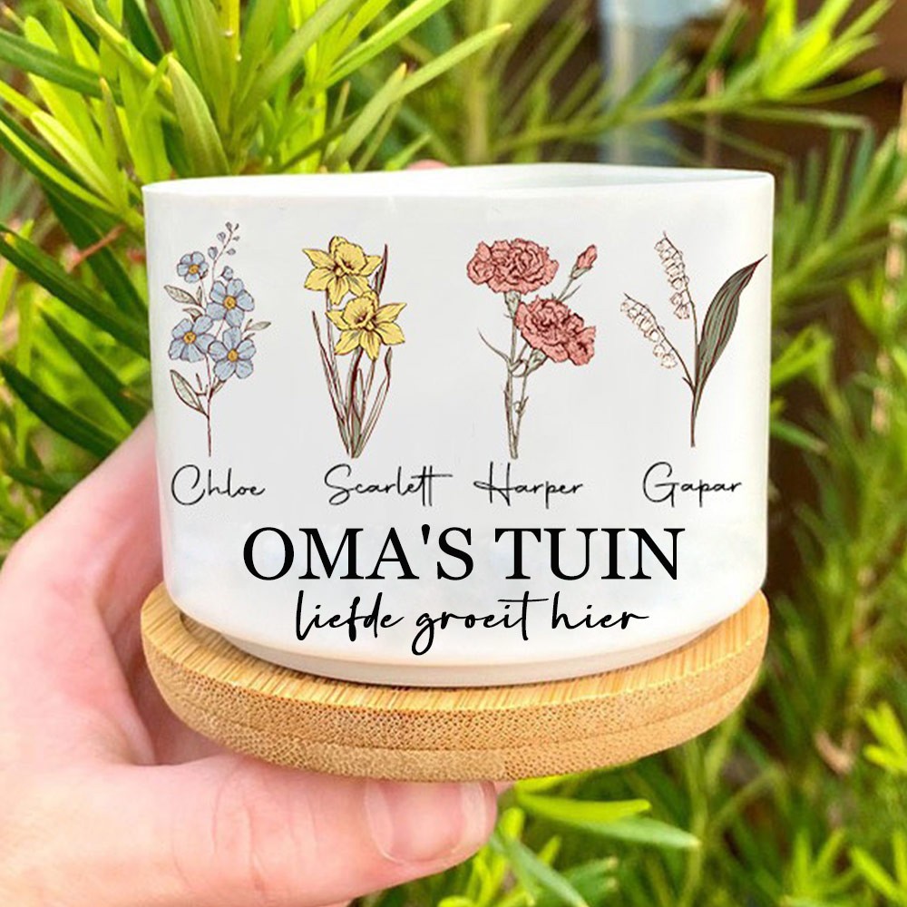 Gepersonaliseerde oma's tuin geboorte bloempot met namen cadeaus Moederdag cadeau Kerstcadeau