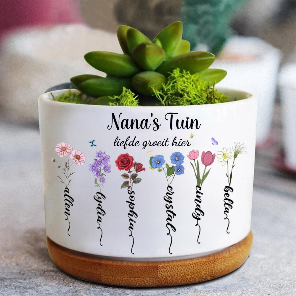 Gepersonaliseerde oma's tuin geboorte bloempot met namen cadeaus Moederdag cadeau Kerstcadeau