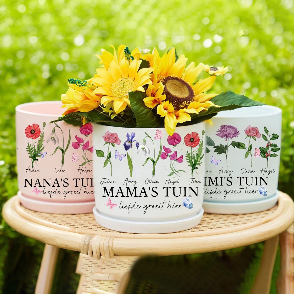 Gepersonaliseerde oma's tuin geboorte bloempot met namen cadeaus Moederdag cadeau Kerstcadeau