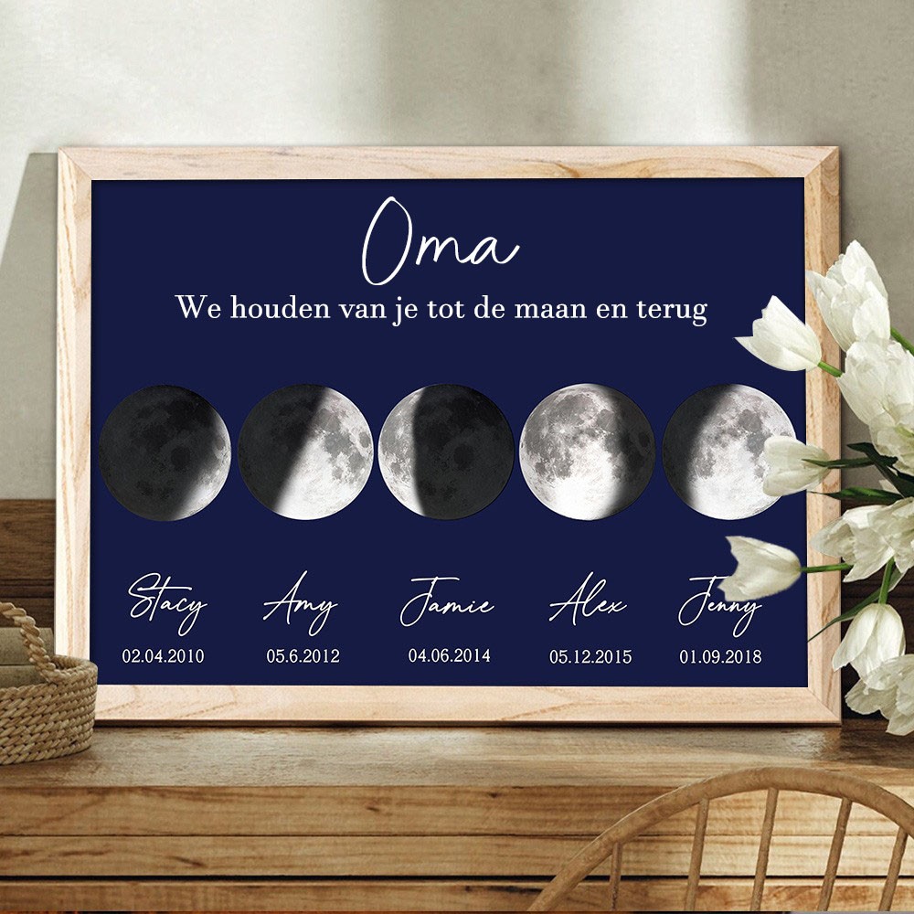 Oma, we houden van je tot de maan en terug, gepersonaliseerde maanfaseprint, houten frame, perfect cadeau voor moeder