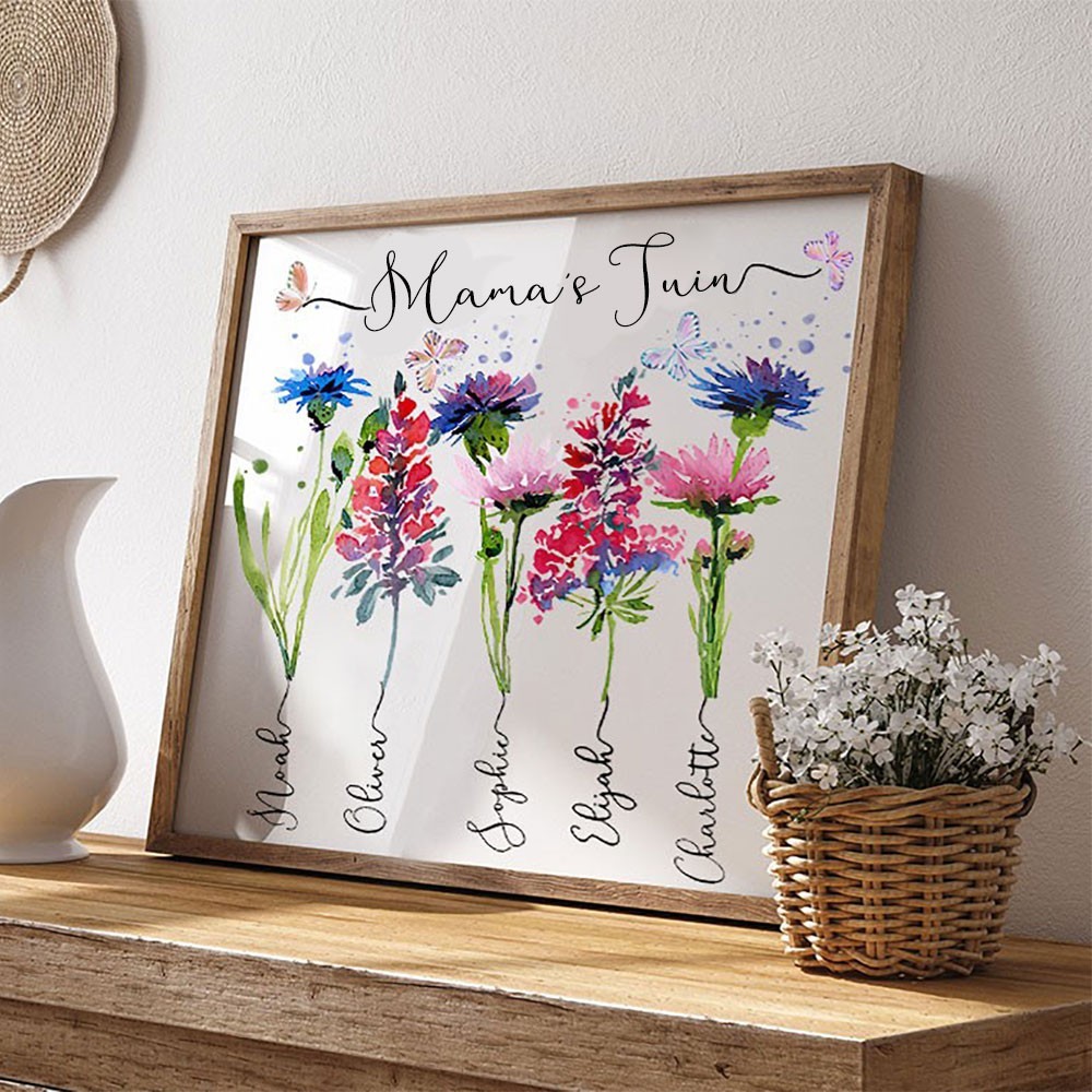 Gepersonaliseerd Houten Bord 'Mama's Tuin' met Geboortebloemen en Namen van Kinderen - Uniek Cadeau voor Mama, Oma, Moederdag