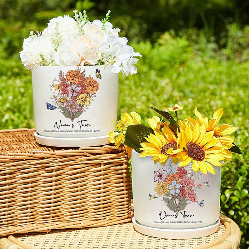 Gepersonaliseerde oma's tuin geboorte bloempot met namen cadeaus Moederdag cadeau Kerstcadeau
