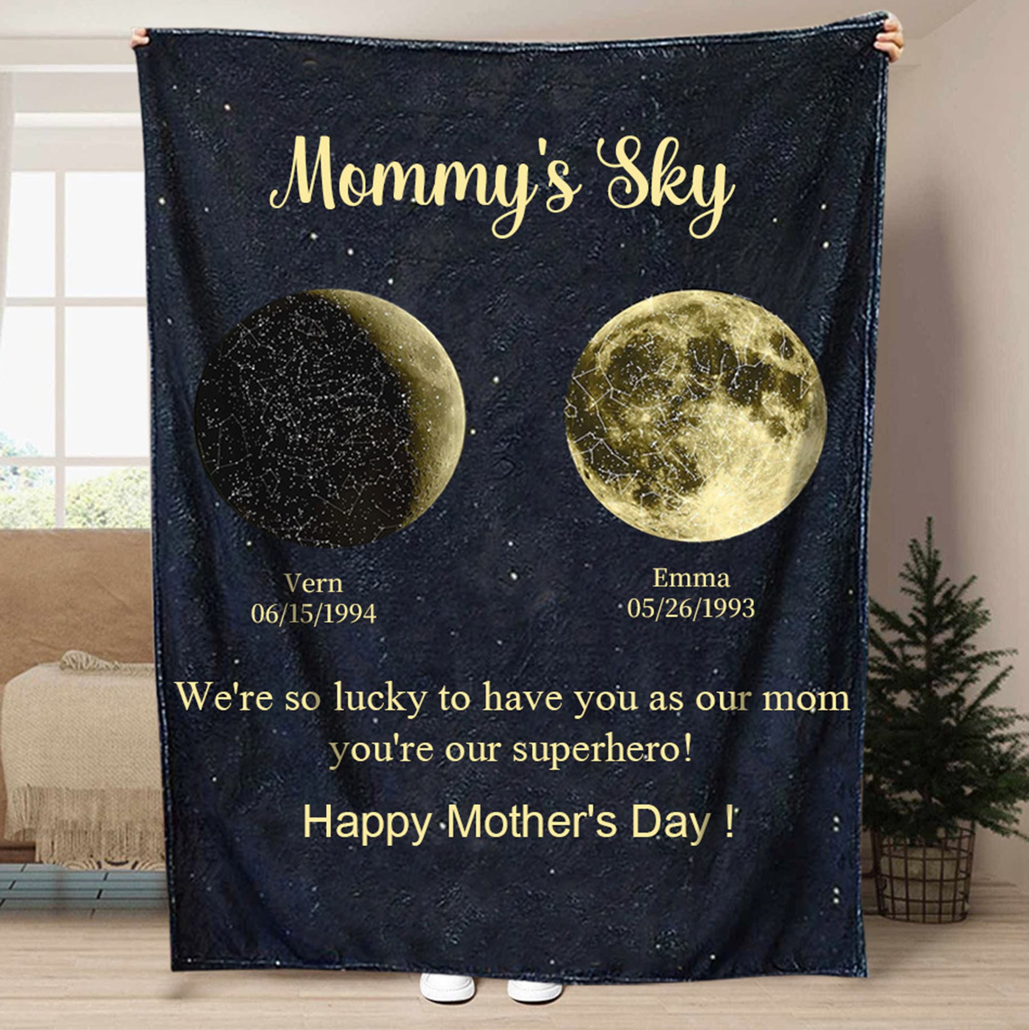 Aangepaste Mommy's Sky Moon Phase-deken met datum Familie-aandenkencadeaus voor moeder Moederdagcadeaus