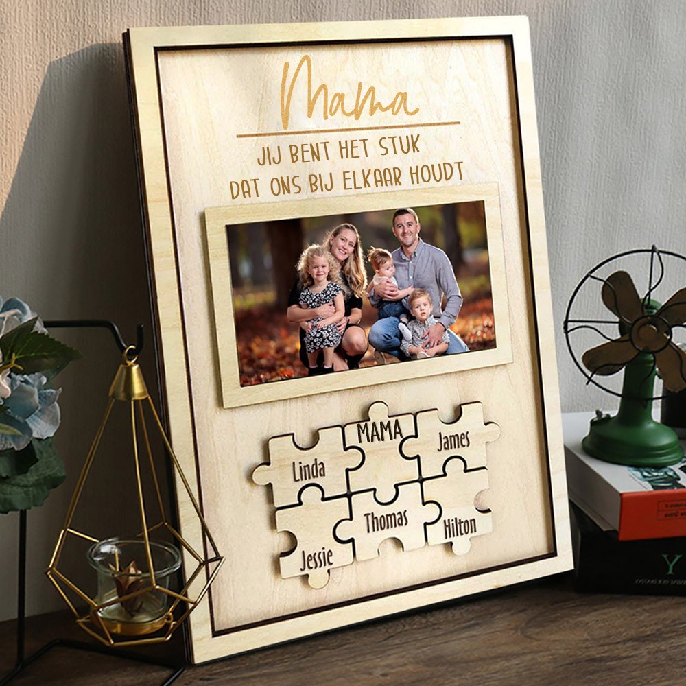Gepersonaliseerde houten familiefotopuzzelstukjes met kindernamen en foto erin Uniek cadeau voor moeder Oma Moederdag cadeau-ideeën