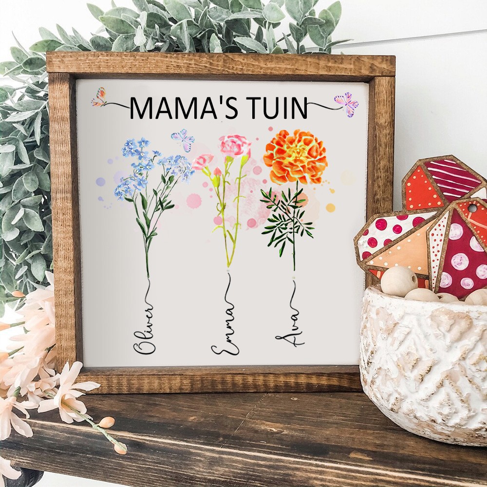 Gepersonaliseerde Mama's Garden geboortemaand bloemenprint houten familielijst bord met kindernamen verjaardagsgeschenken voor moeder en oma uniek babyshowercadeau Moederdag cadeau-ideeën