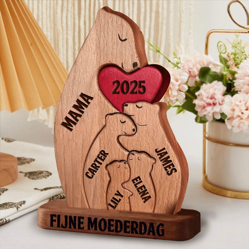 Gepersonaliseerde houten knuffelberen familiepuzzels met gegraveerde namen. Uniek verjaardagscadeau voor moeder en oma. Ideeën voor Moederdagcadeaus.