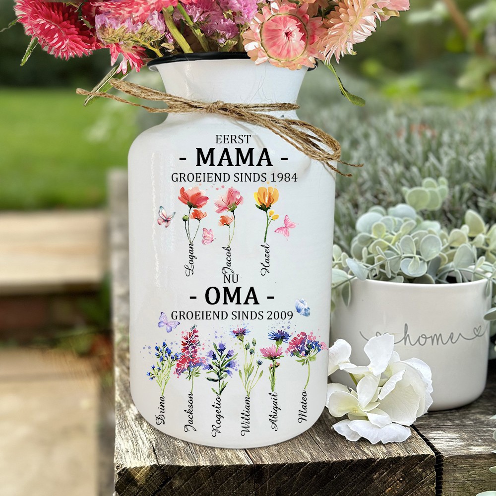 Gepersonaliseerde eerste mama, nu oma geboortebloem, familievaas met namen van kleinkinderen, uniek cadeau voor binnen voor mama, oma, Moederdag cadeau-ideeën