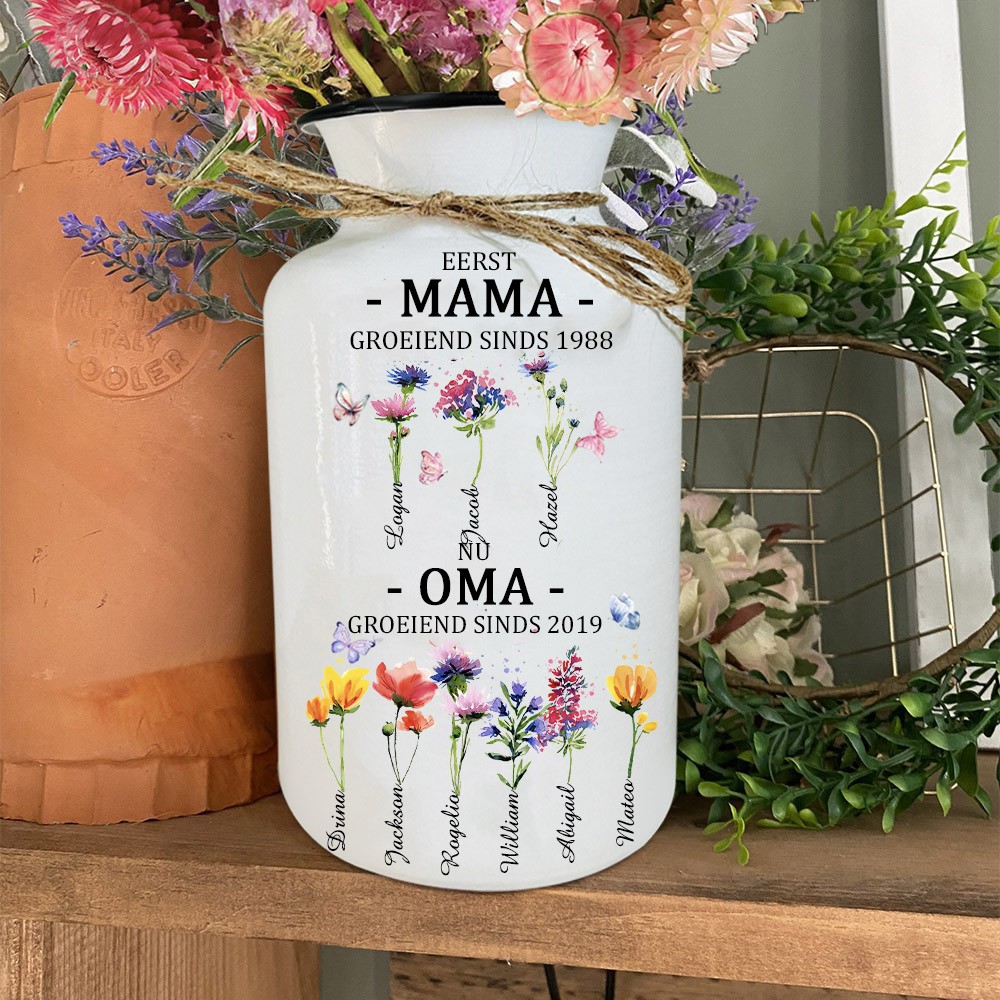 Gepersonaliseerde aquarelkunstprint van 'eerste mama, nu oma' met geboortebloemen en namen van kleinkinderen. Uniek familiecadeau voor moeder en oma. Ideeën voor Moederdagcadeaus.