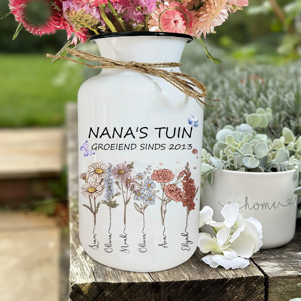 Gepersonaliseerde Nana's Tuin geboortebloemenvaas met namen van kleinkinderen. Uniek familietuincadeau voor moeder en oma. Moederdag cadeau-ideeën.