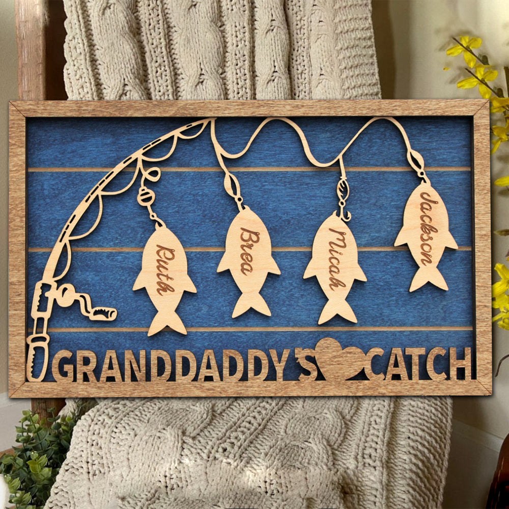 Aangepast Granddaddy's Catch Fishing Houten Frame Bord Met Namen Van De Kleinkinderen Uniek Vaderdagcadeau