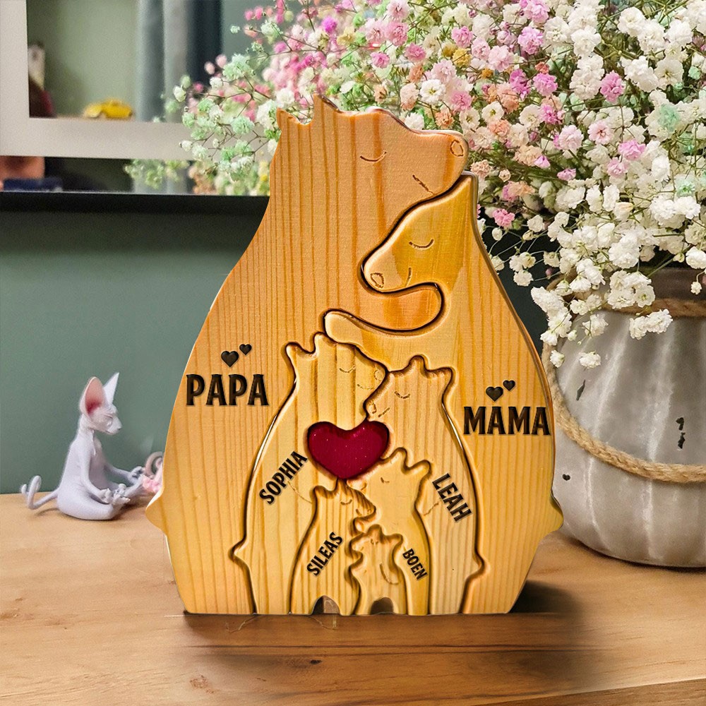 Gepersonaliseerde knuffelbeertjes, plaquette, houten familiepuzzelblokken met kindernamen. Uniek cadeau voor moeder en oma. Cadeau-ideeën voor Moederdag.